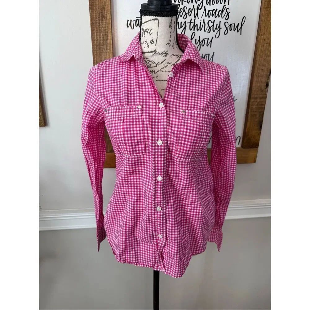 Michael Kors Women's Gingham Long Sleeve Button-up Shirt Blouse Pink White XS
